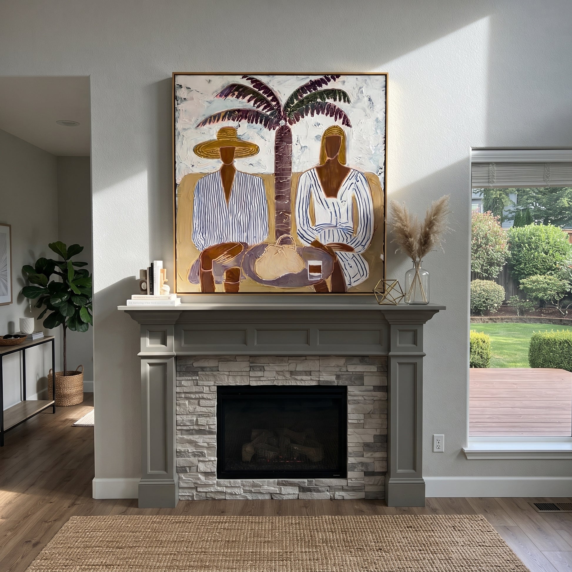 Palm Shade Holds Lunch - palm lunch figure painting by Claire Whitmore, modern coastal square wall art – styled room scene view 5