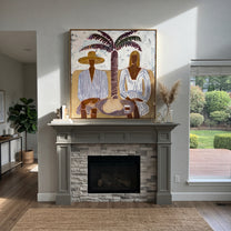 Palm Shade Holds Lunch - palm lunch figure painting by Claire Whitmore, modern coastal square wall art – styled room scene view 5