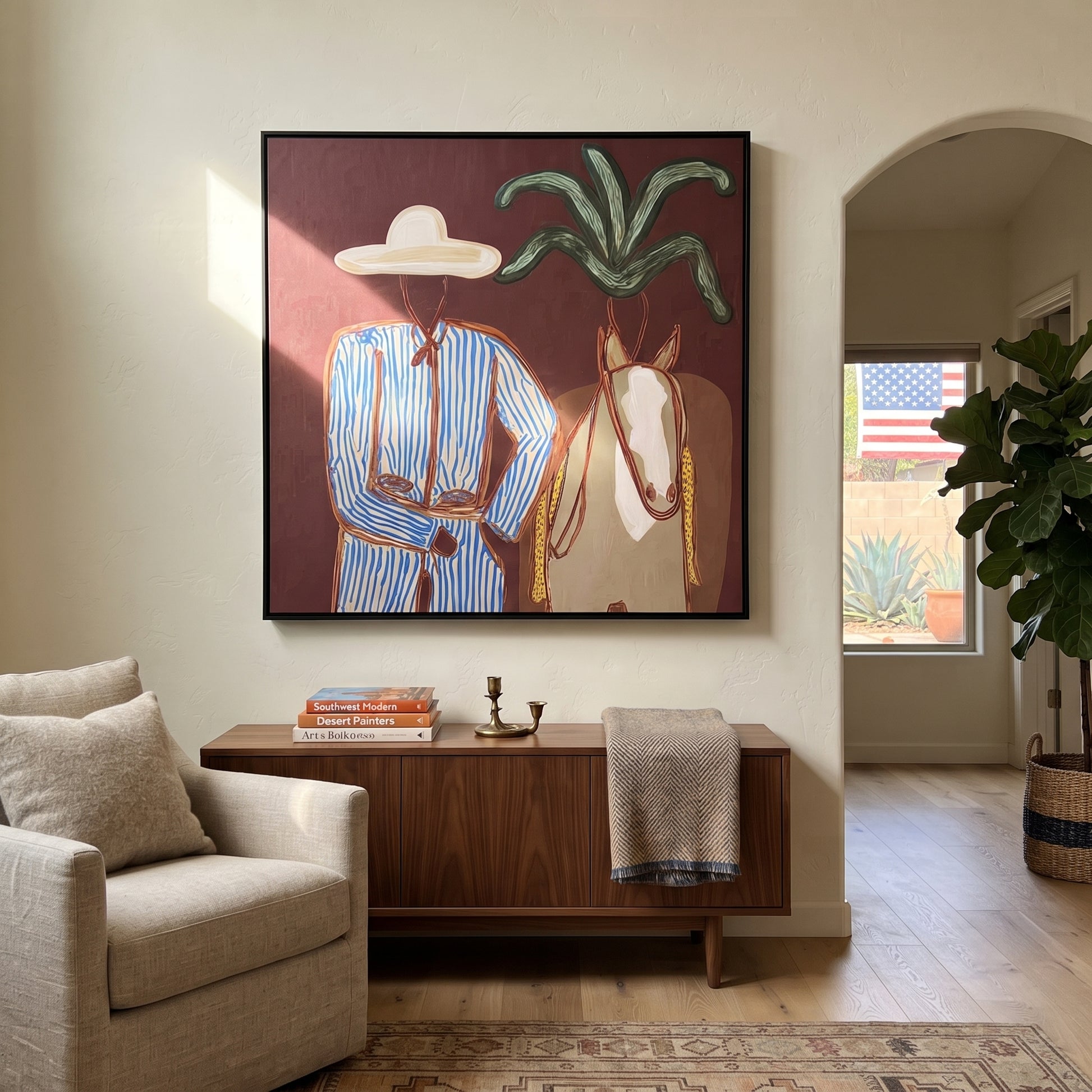 Blue Stripes Guide Mare - coastal horse rider painting by Claire Whitmore, modern coastal square wall art – styled room scene view 1