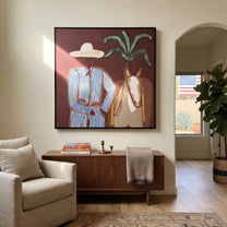 Blue Stripes Guide Mare - coastal horse rider painting by Claire Whitmore, modern coastal square wall art – styled room scene view 1