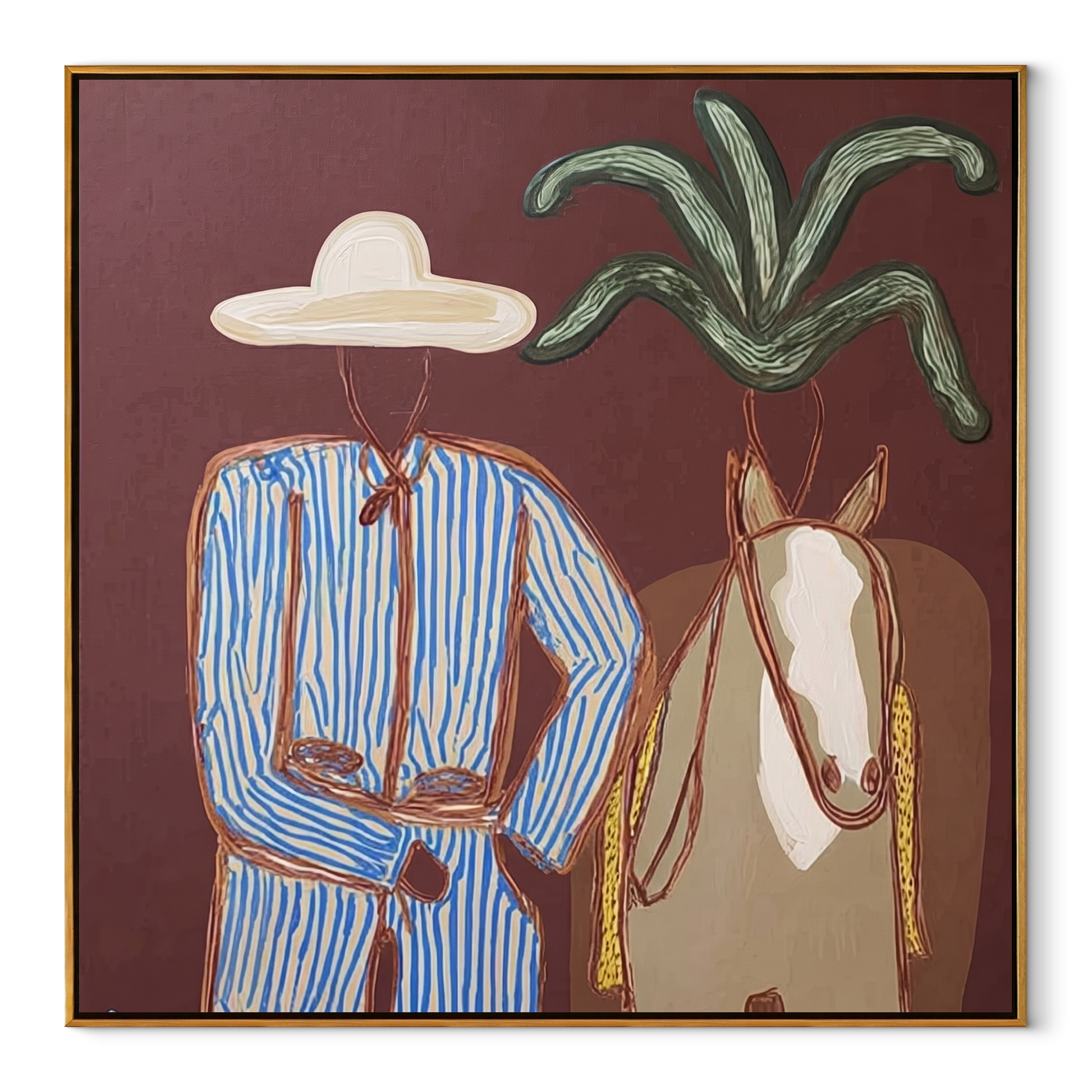 Blue Stripes Guide Mare - coastal horse rider painting by Claire Whitmore, modern coastal square wall art – wood frame on white background