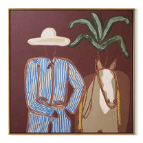 Blue Stripes Guide Mare - coastal horse rider painting by Claire Whitmore, modern coastal square wall art – wood frame on white background