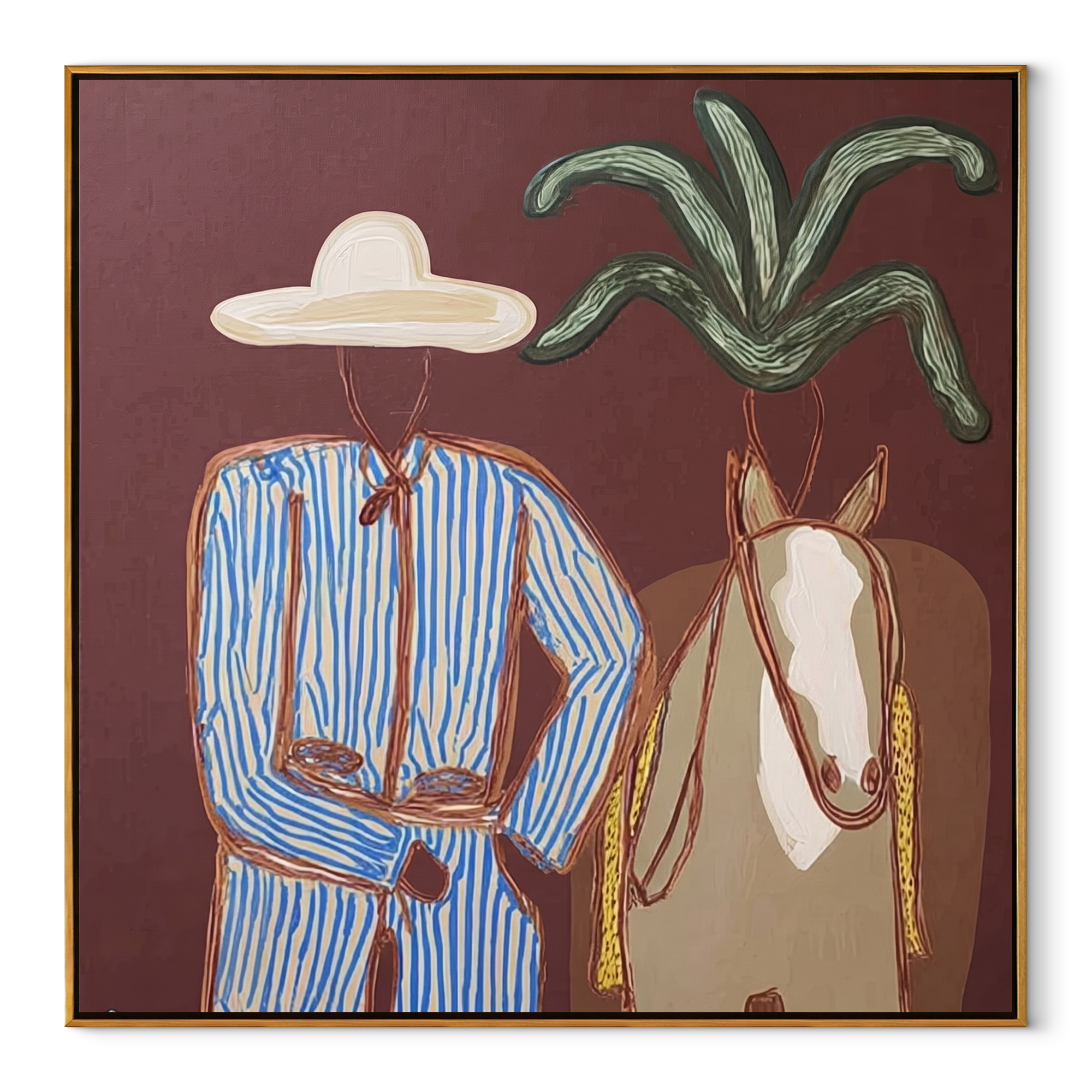 Blue Stripes Guide Mare - coastal horse rider painting by Claire Whitmore, modern coastal square wall art – wood frame on white background