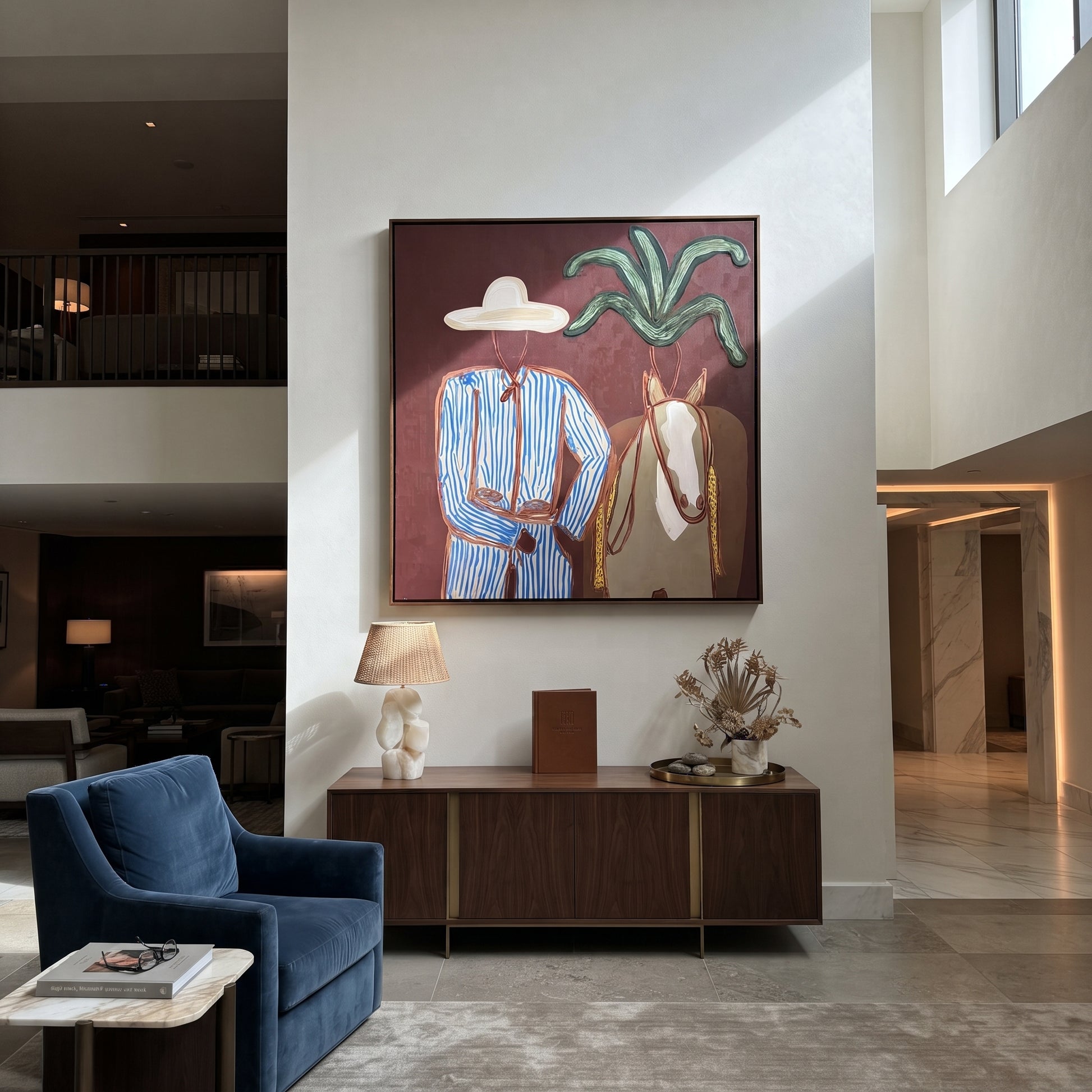 Blue Stripes Guide Mare - coastal horse rider painting by Claire Whitmore, modern coastal square wall art – styled room scene view 4