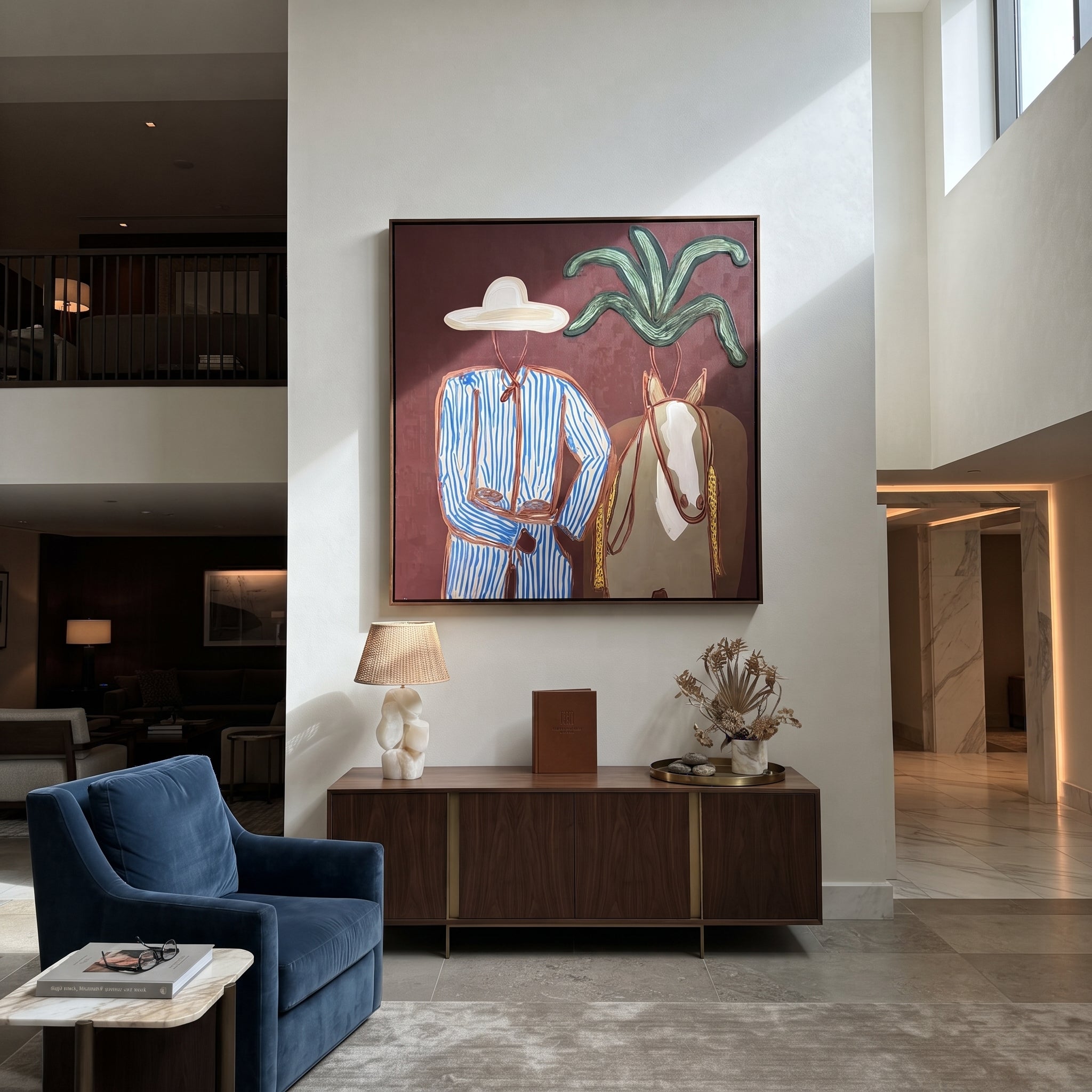 Blue Stripes Guide Mare - coastal horse rider painting by Claire Whitmore, modern coastal square wall art – styled room scene view 4