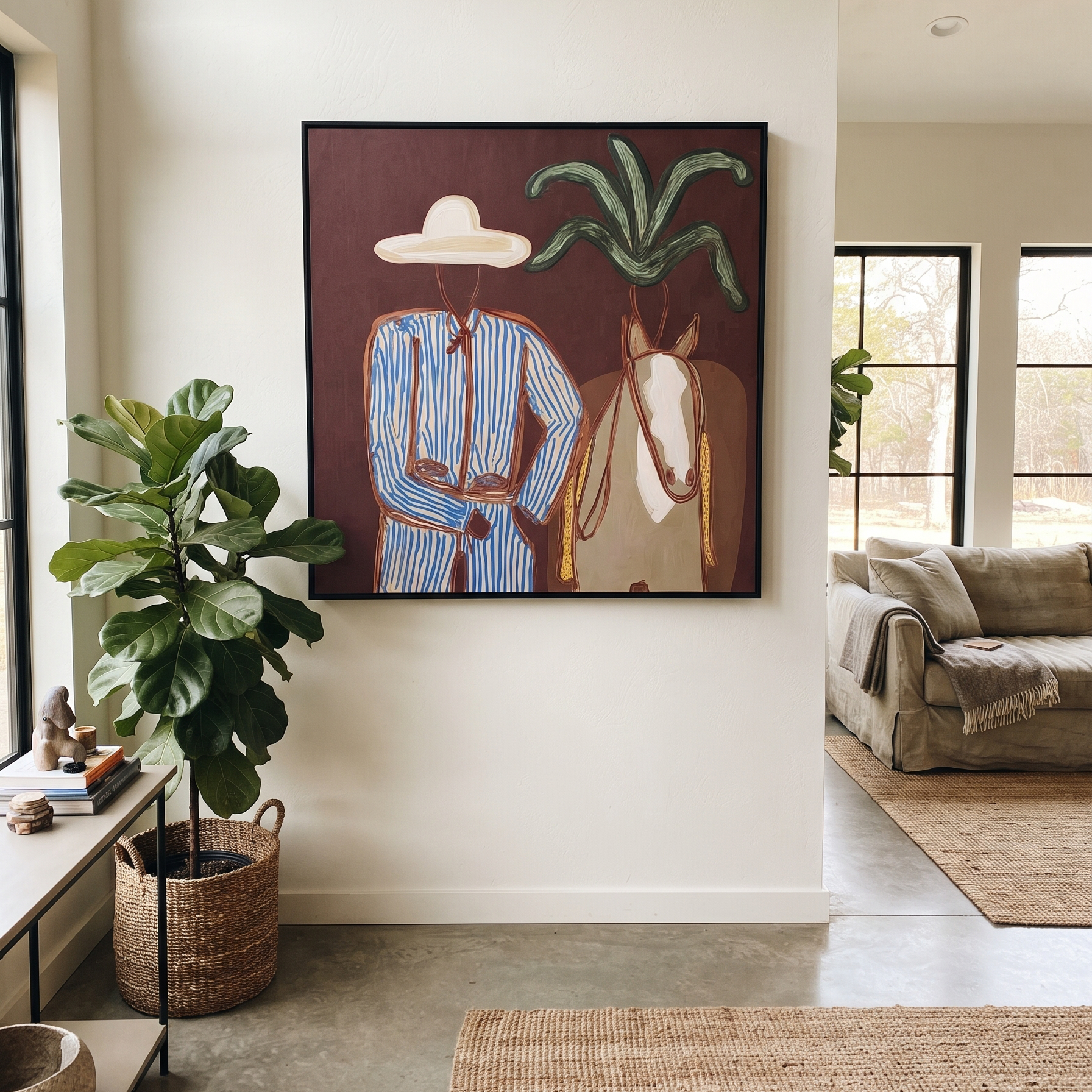 Blue Stripes Guide Mare - coastal horse rider painting by Claire Whitmore, modern coastal square wall art – styled room scene view 5