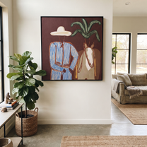 Blue Stripes Guide Mare - coastal horse rider painting by Claire Whitmore, modern coastal square wall art – styled room scene view 5