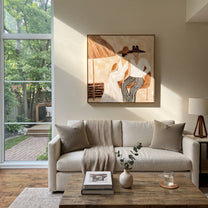 White Hats Share Shade - white hat resort pair painting by Claire Whitmore, modern coastal square wall art – styled room scene view 1