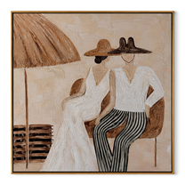 White Hats Share Shade - white hat resort pair painting by Claire Whitmore, modern coastal square wall art – wood frame on white background