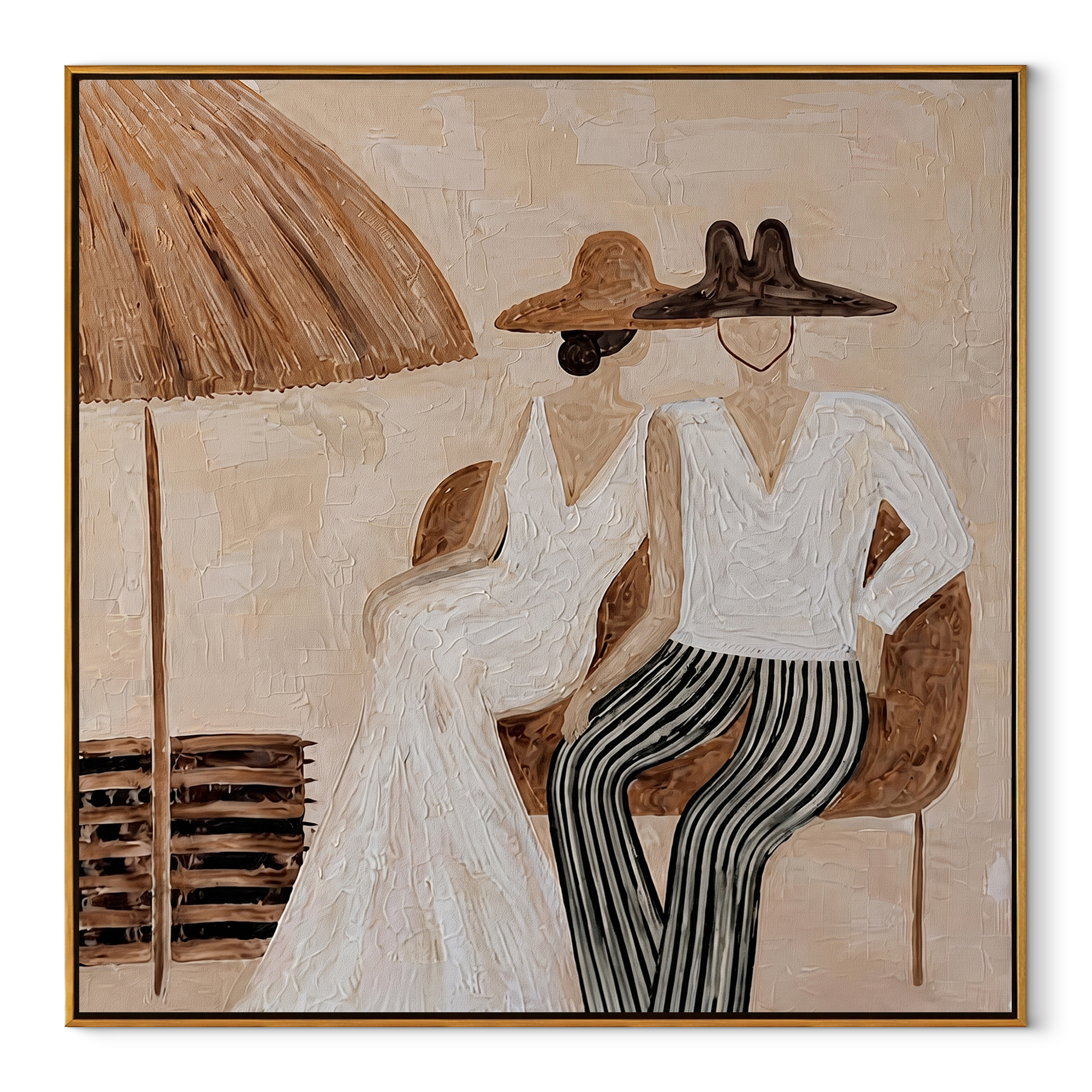 White Hats Share Shade - white hat resort pair painting by Claire Whitmore, modern coastal square wall art – wood frame on white background