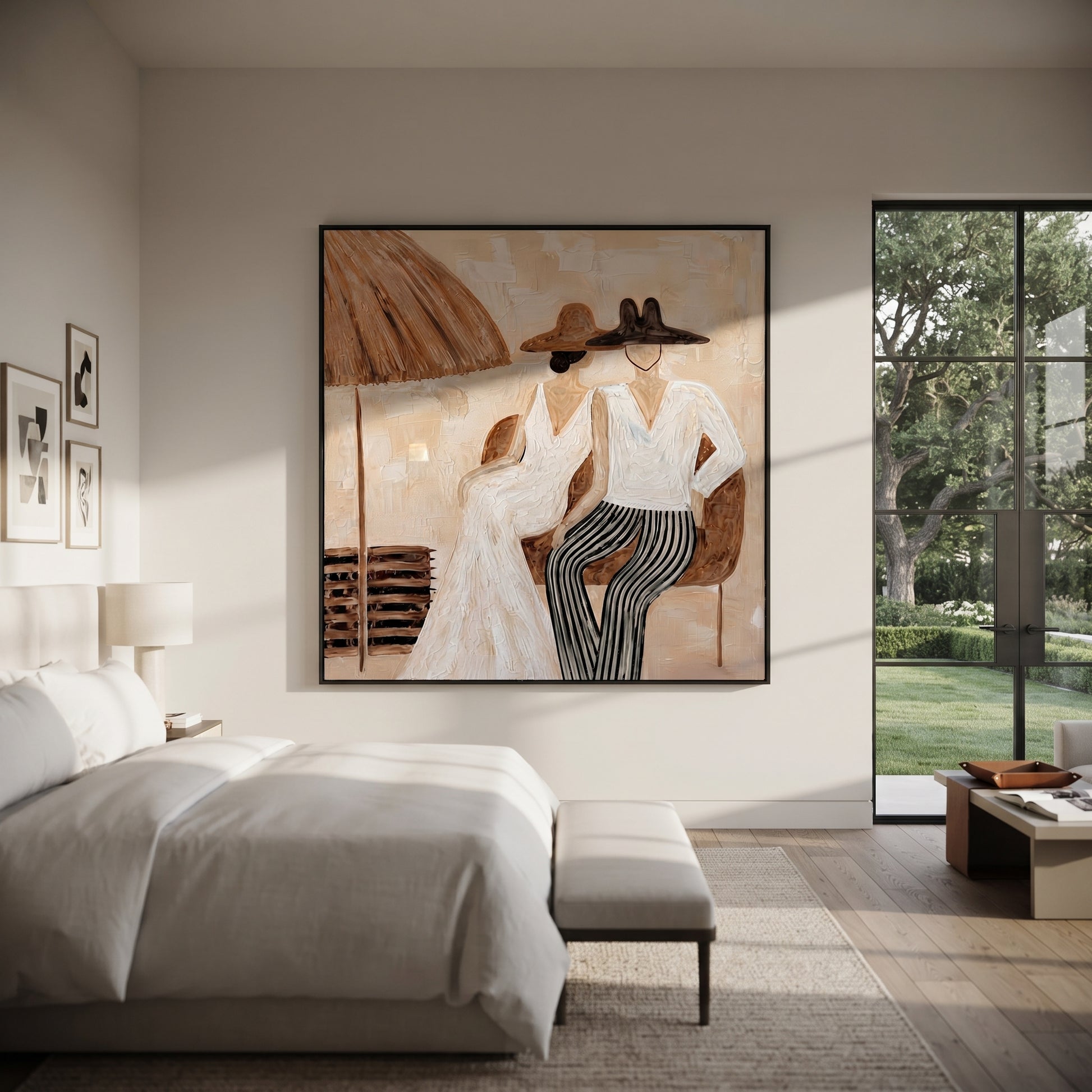 White Hats Share Shade - white hat resort pair painting by Claire Whitmore, modern coastal square wall art – styled room scene view 2