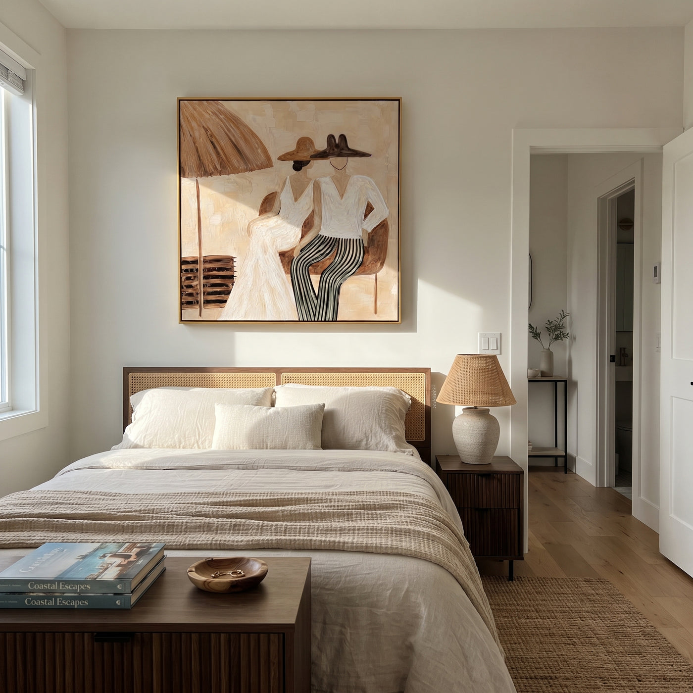White Hats Share Shade - white hat resort pair painting by Claire Whitmore, modern coastal square wall art – styled room scene view 3