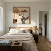White Hats Share Shade - white hat resort pair painting by Claire Whitmore, modern coastal square wall art – styled room scene view 3