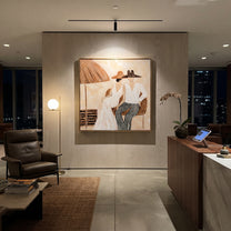 White Hats Share Shade - white hat resort pair painting by Claire Whitmore, modern coastal square wall art – styled room scene view 4