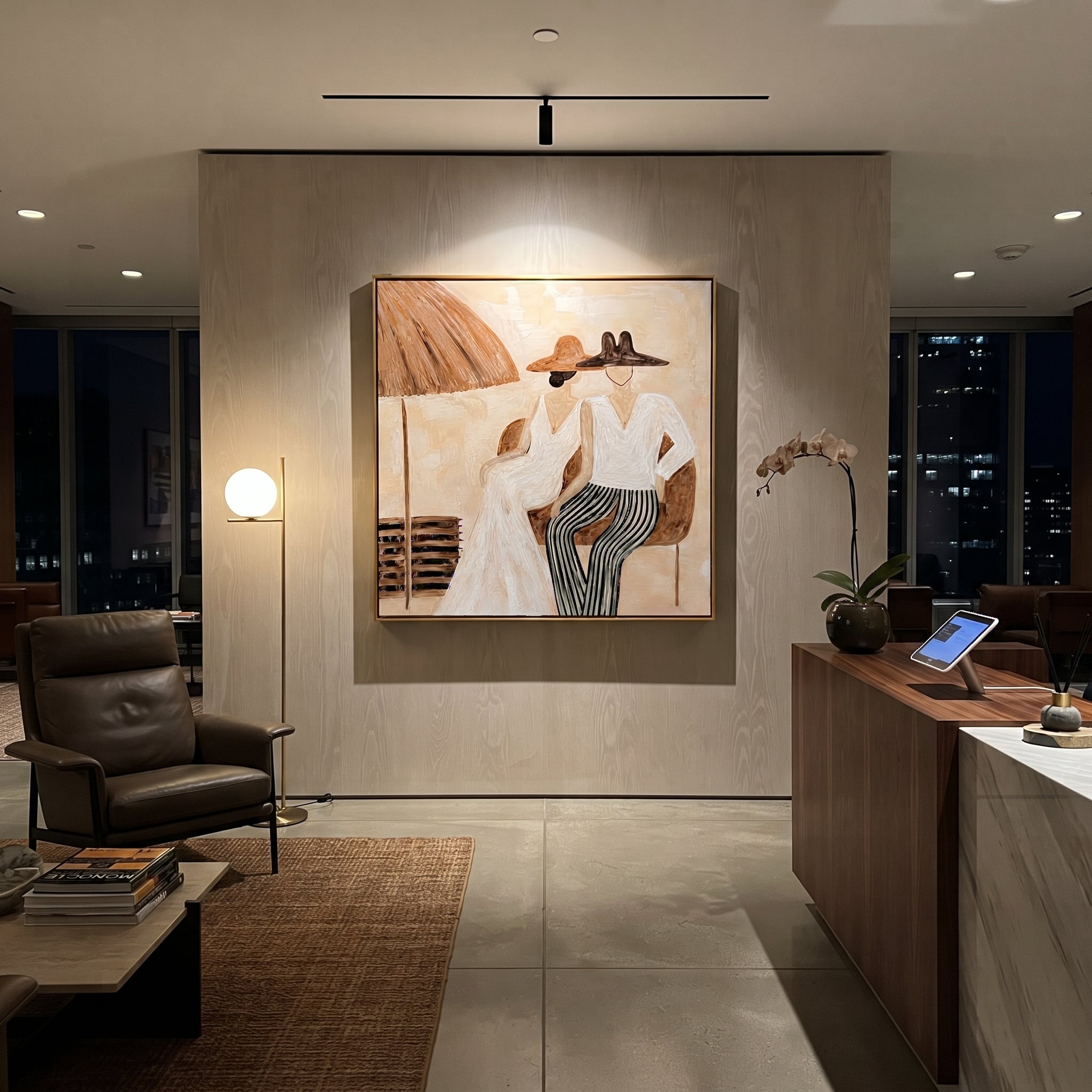 White Hats Share Shade - white hat resort pair painting by Claire Whitmore, modern coastal square wall art – styled room scene view 4