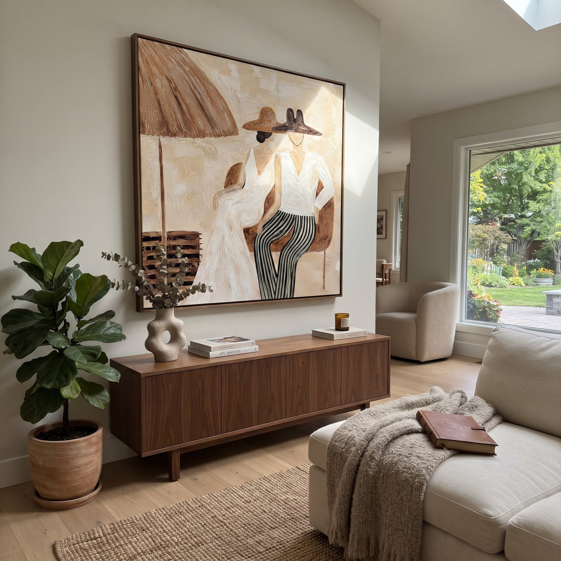 White Hats Share Shade - white hat resort pair painting by Claire Whitmore, modern coastal square wall art – styled room scene view 5
