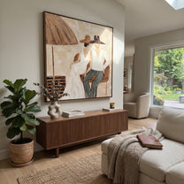 White Hats Share Shade - white hat resort pair painting by Claire Whitmore, modern coastal square wall art – styled room scene view 5