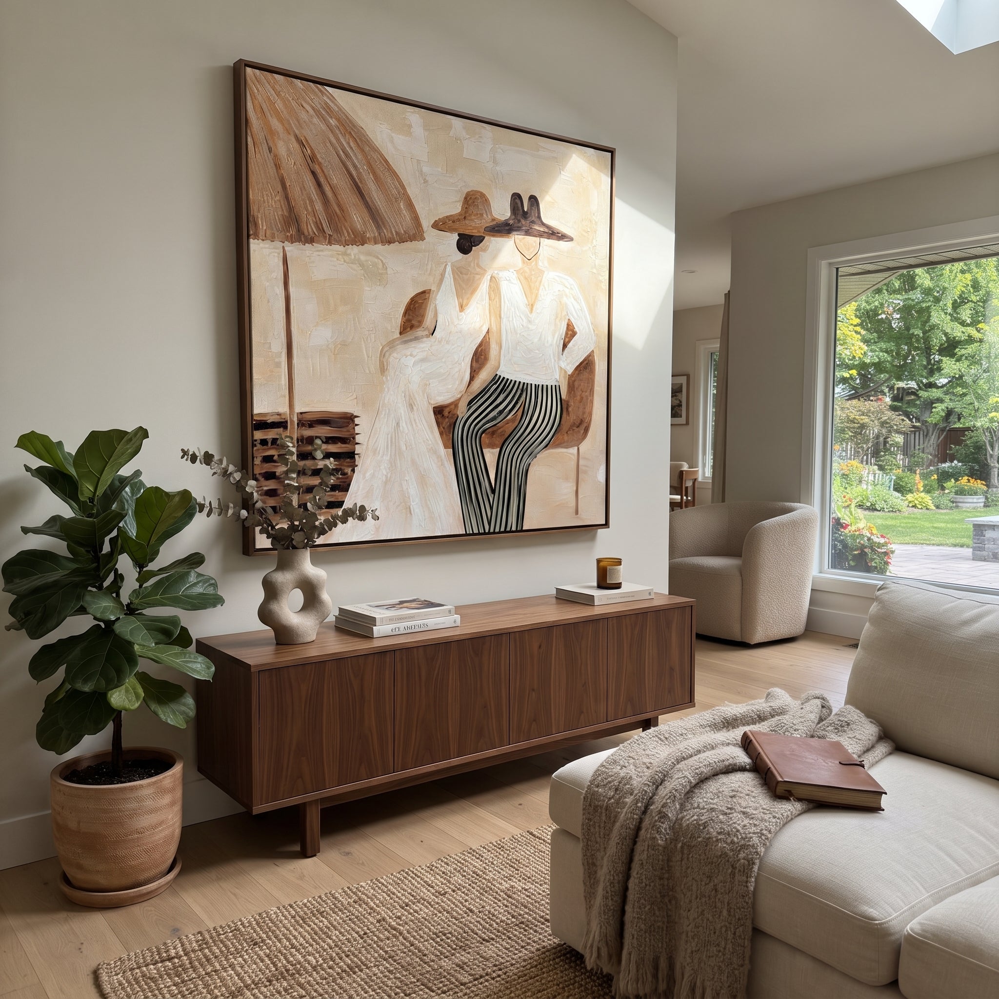 White Hats Share Shade - white hat resort pair painting by Claire Whitmore, modern coastal square wall art – styled room scene view 5
