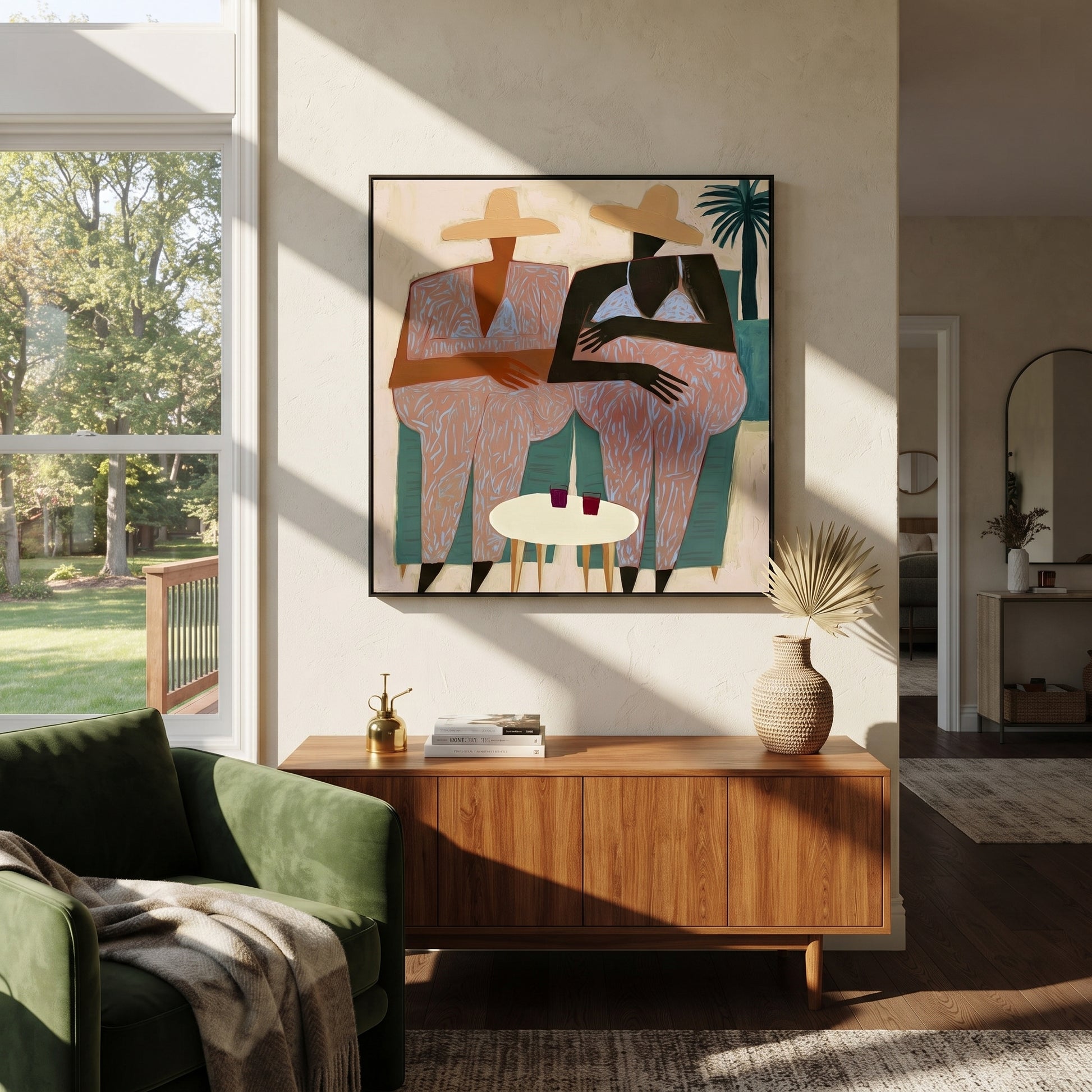 Pink Florals Sit Together - floral resort pair painting by Claire Whitmore, modern coastal square wall art – styled room scene view 1