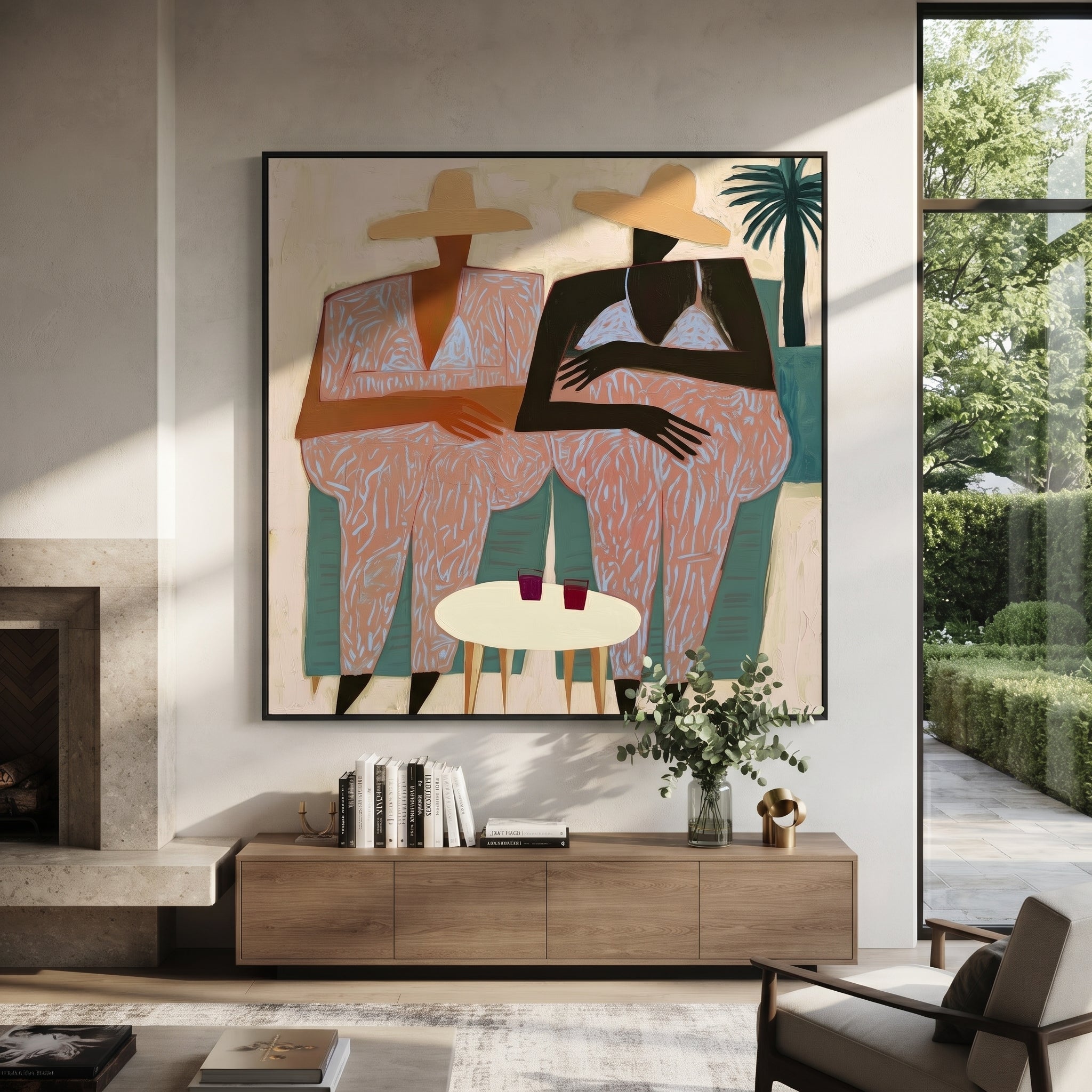 Pink Florals Sit Together - floral resort pair painting by Claire Whitmore, modern coastal square wall art – styled room scene view 2
