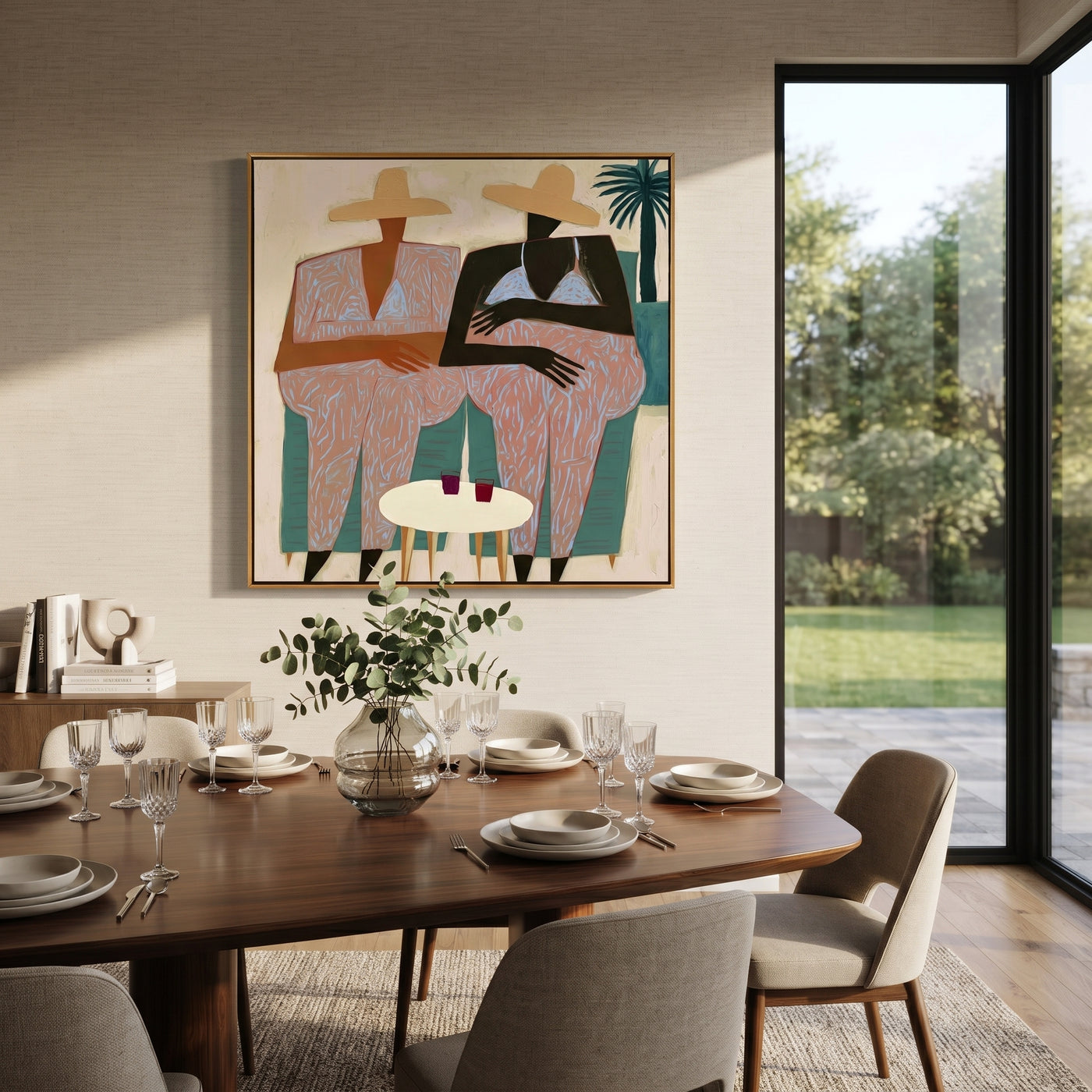 Pink Florals Sit Together - floral resort pair painting by Claire Whitmore, modern coastal square wall art – styled room scene view 3