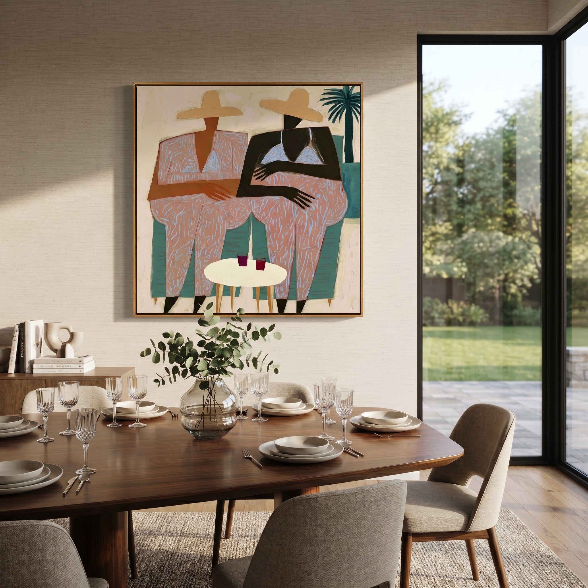 Pink Florals Sit Together - floral resort pair painting by Claire Whitmore, modern coastal square wall art – styled room scene view 3