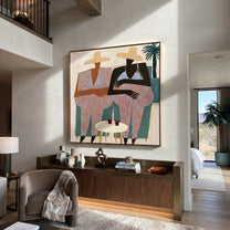 Pink Florals Sit Together - floral resort pair painting by Claire Whitmore, modern coastal square wall art – styled room scene view 4