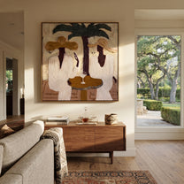 Palms Frame Quiet Toast - palm martini pair painting by Claire Whitmore, modern coastal square wall art – styled room scene view 1