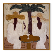 Palms Frame Quiet Toast - palm martini pair painting by Claire Whitmore, modern coastal square wall art – wood frame on white background