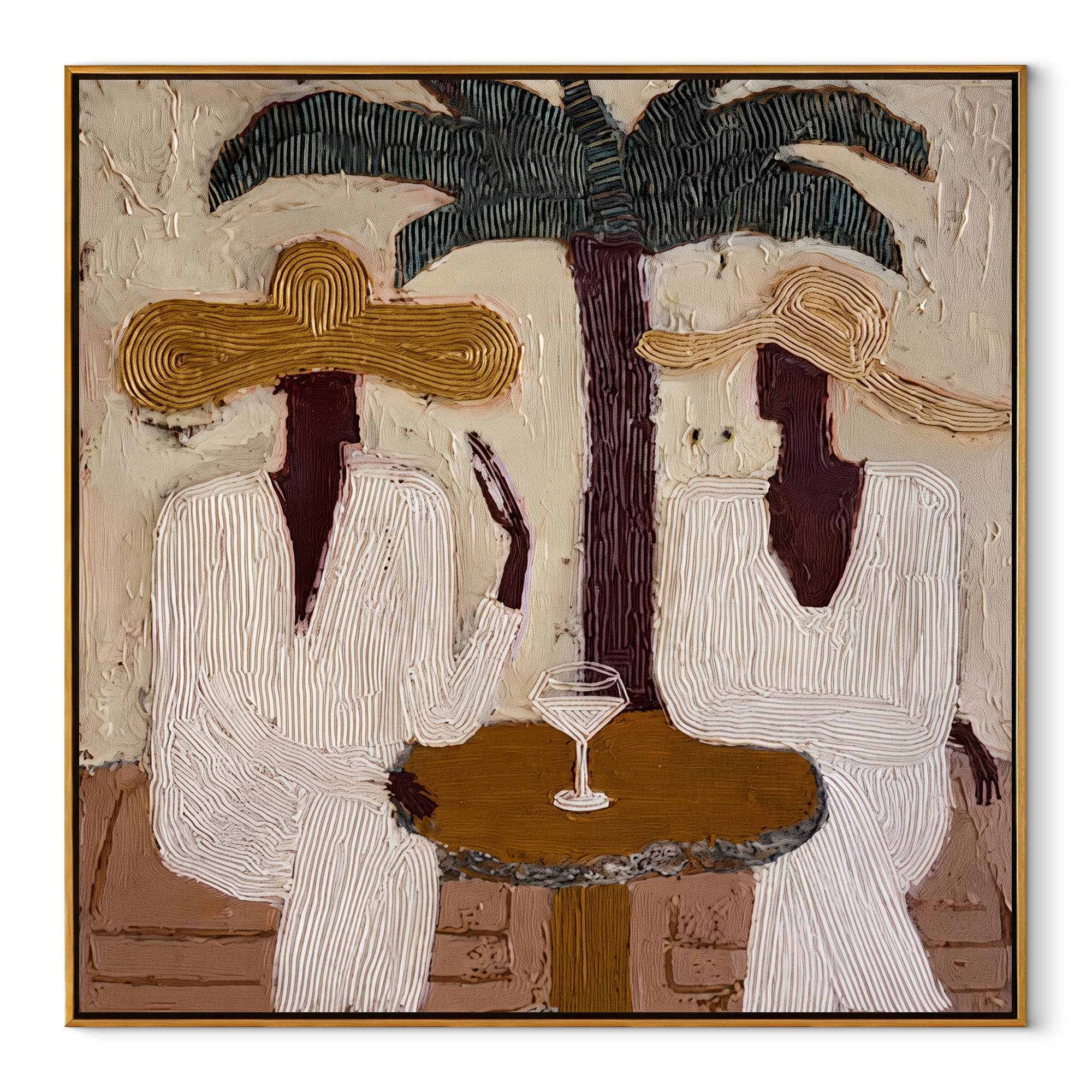 Palms Frame Quiet Toast - palm martini pair painting by Claire Whitmore, modern coastal square wall art – wood frame on white background