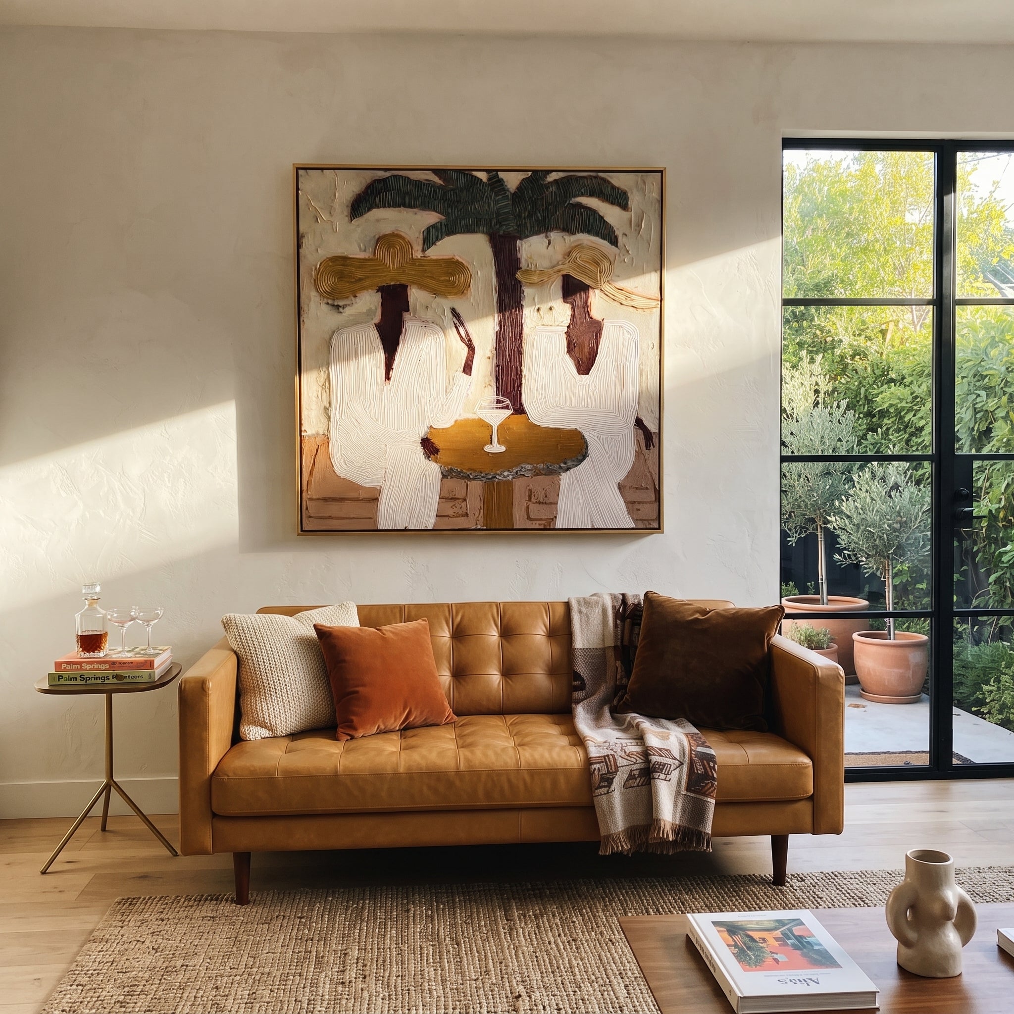 Palms Frame Quiet Toast - palm martini pair painting by Claire Whitmore, modern coastal square wall art – styled room scene view 2