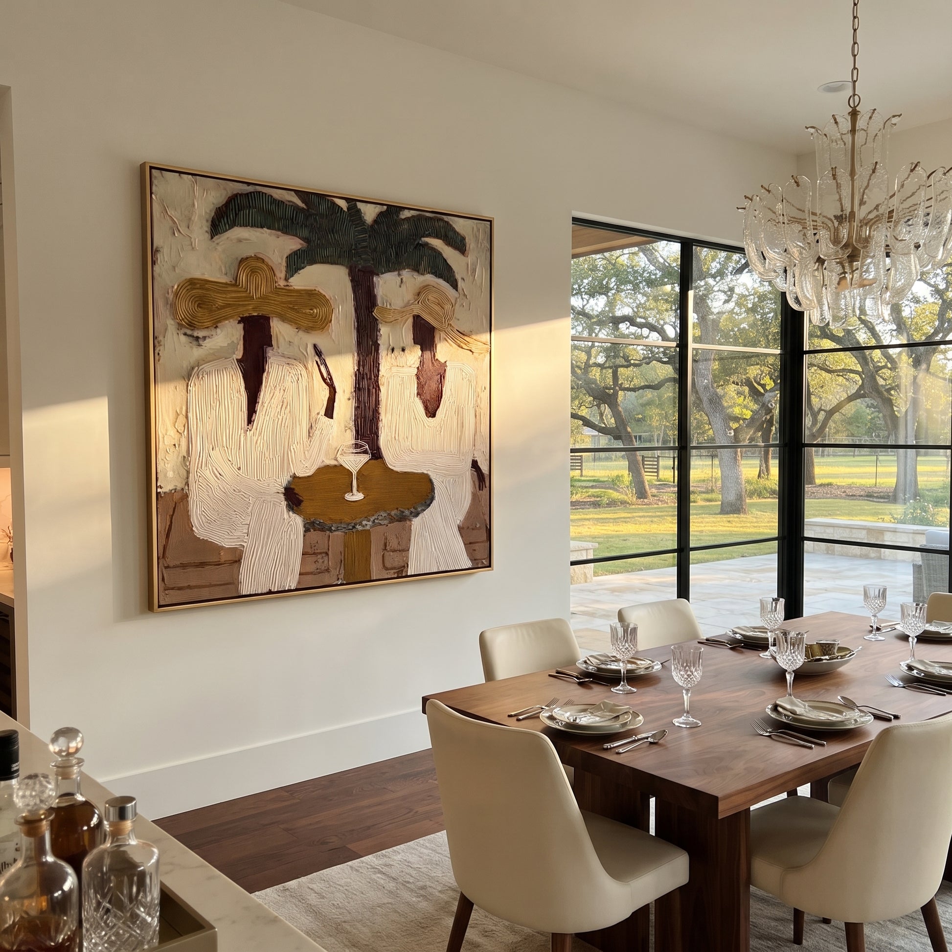 Palms Frame Quiet Toast - palm martini pair painting by Claire Whitmore, modern coastal square wall art – styled room scene view 3