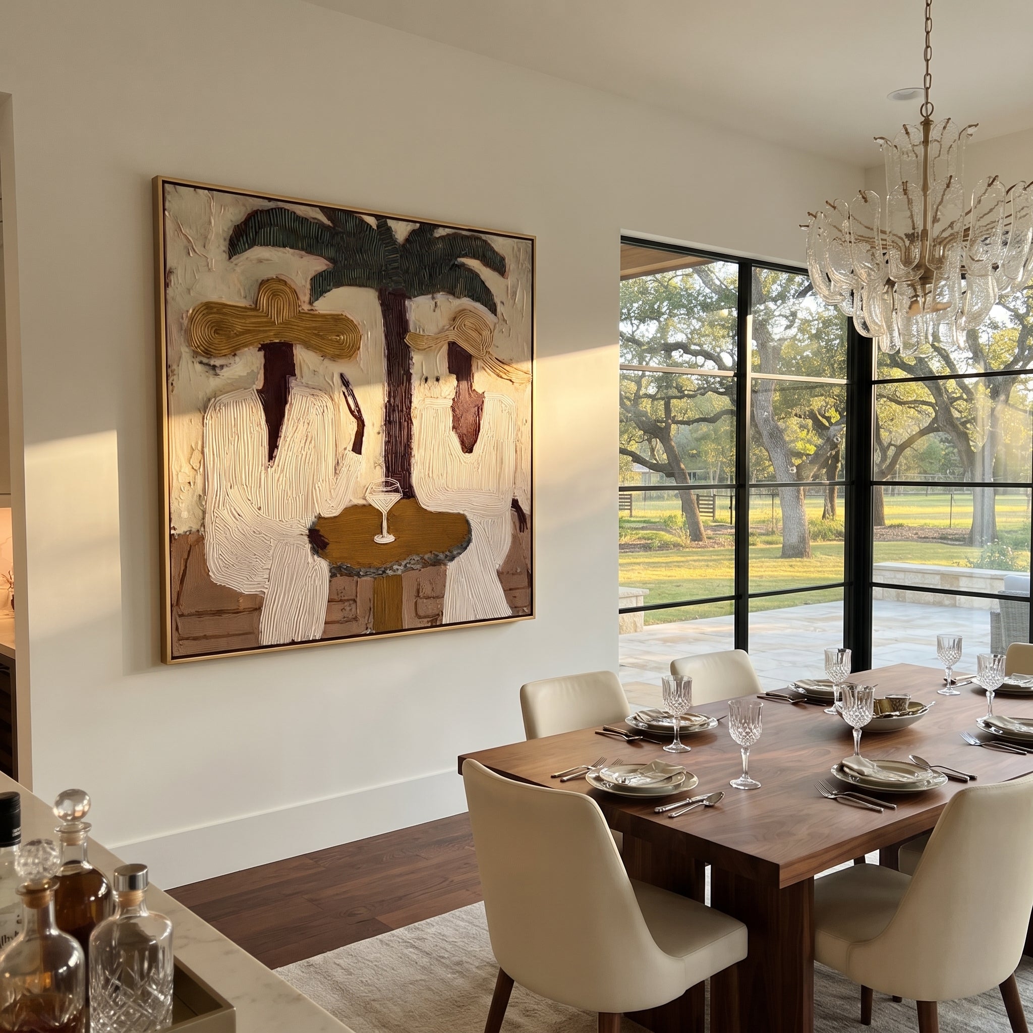 Palms Frame Quiet Toast - palm martini pair painting by Claire Whitmore, modern coastal square wall art – styled room scene view 3