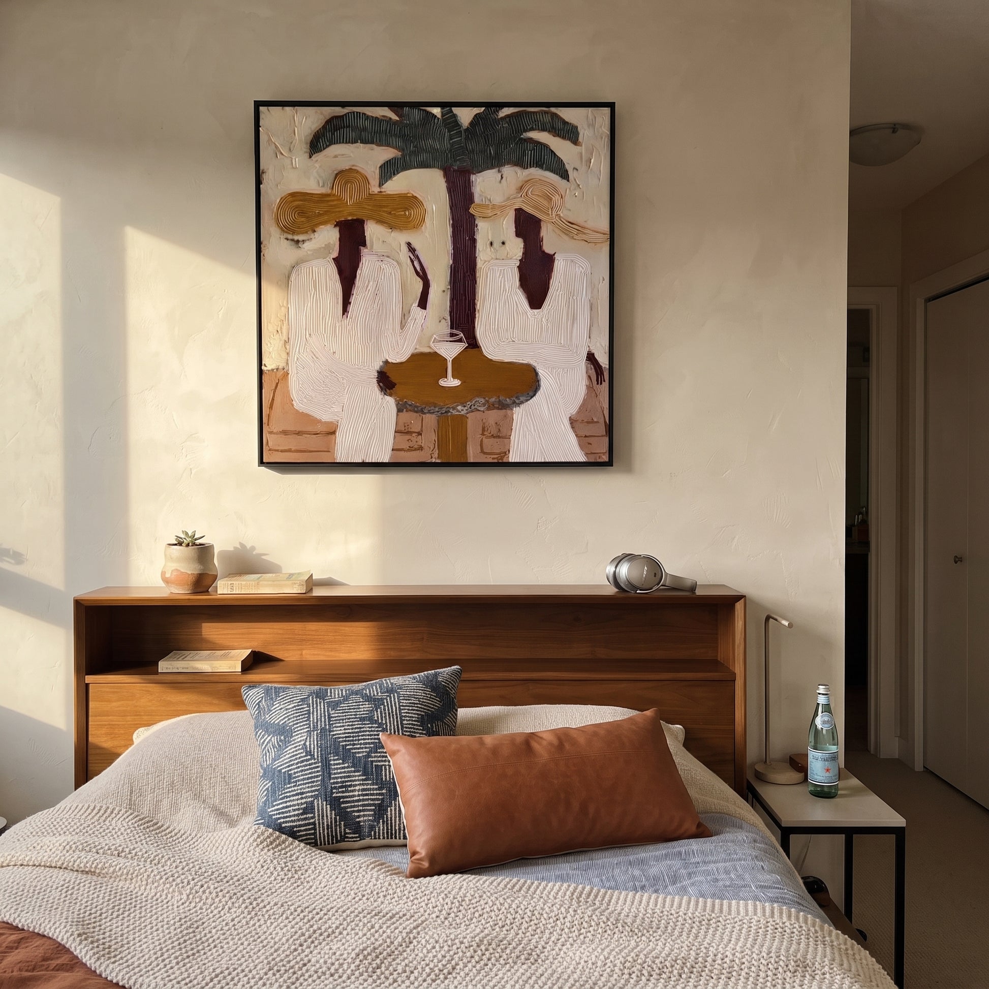 Palms Frame Quiet Toast - palm martini pair painting by Claire Whitmore, modern coastal square wall art – styled room scene view 4
