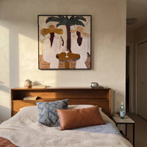 Palms Frame Quiet Toast - palm martini pair painting by Claire Whitmore, modern coastal square wall art – styled room scene view 4