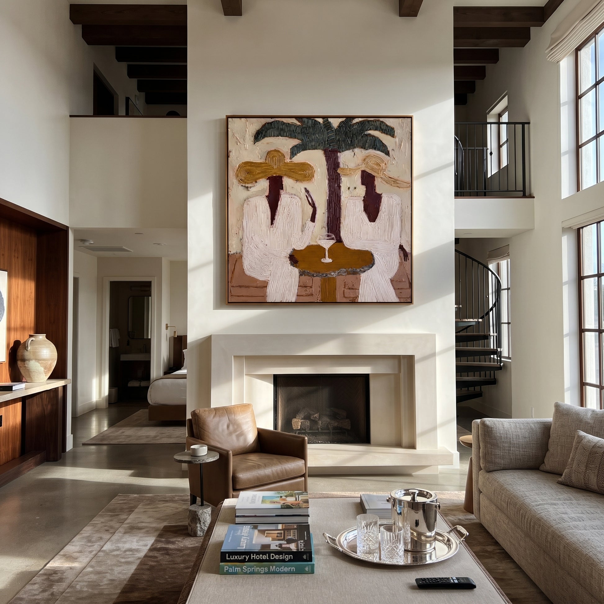 Palms Frame Quiet Toast - palm martini pair painting by Claire Whitmore, modern coastal square wall art – styled room scene view 5