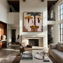 Palms Frame Quiet Toast - palm martini pair painting by Claire Whitmore, modern coastal square wall art – styled room scene view 5
