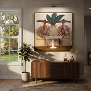 Red Stripes Wait Together - red striped lounge pair painting by Claire Whitmore, modern coastal square wall art – styled room scene view 1