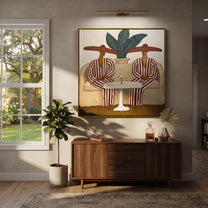 Red Stripes Wait Together - red striped lounge pair painting by Claire Whitmore, modern coastal square wall art – styled room scene view 1
