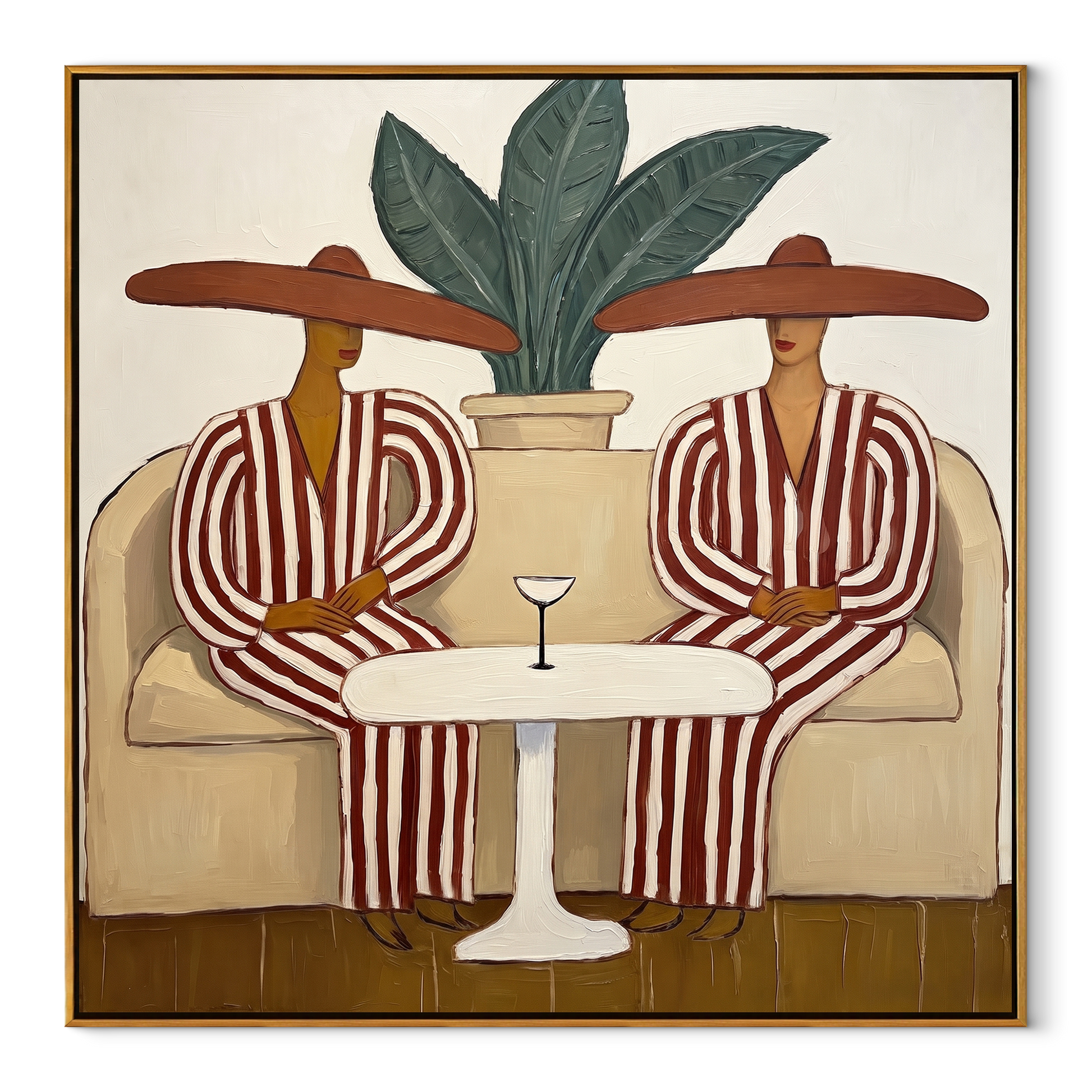 Red Stripes Wait Together - red striped lounge pair painting by Claire Whitmore, modern coastal square wall art – wood frame on white background