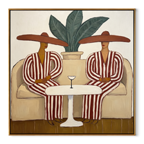Red Stripes Wait Together - red striped lounge pair painting by Claire Whitmore, modern coastal square wall art – wood frame on white background