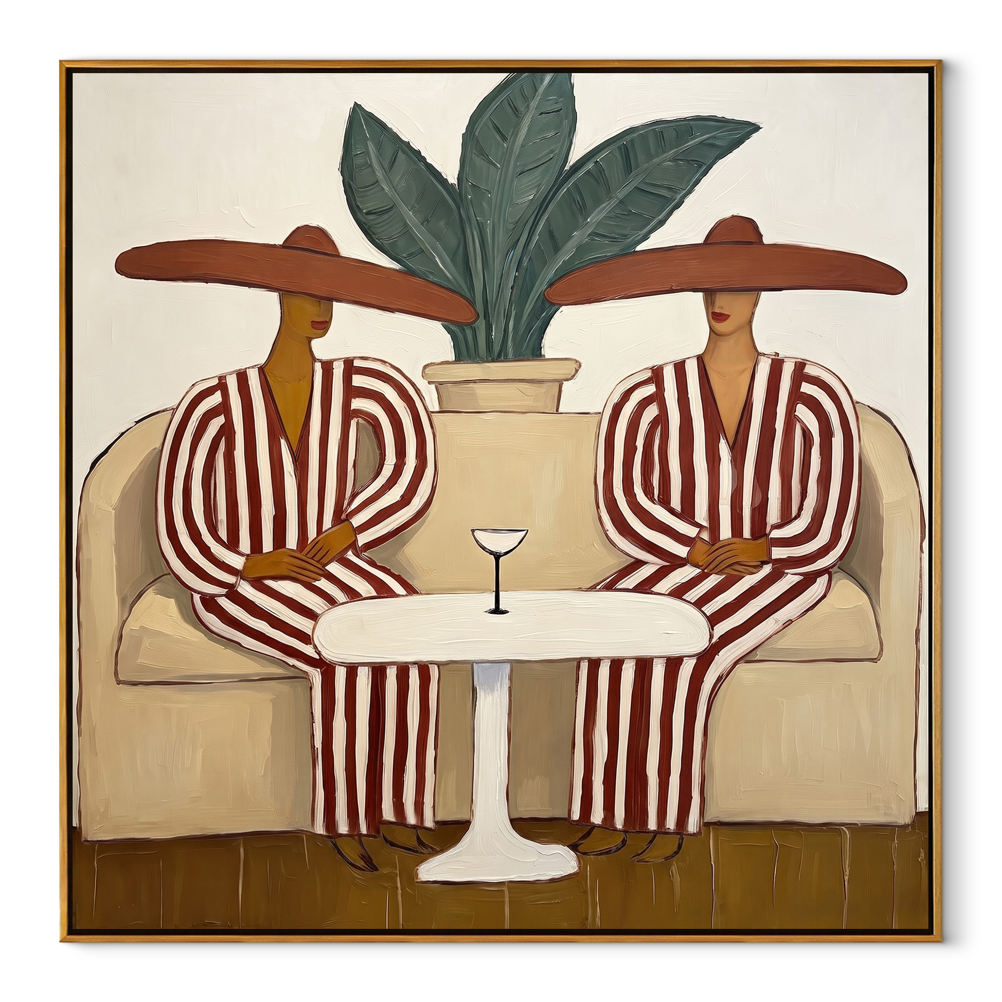 Red Stripes Wait Together - red striped lounge pair painting by Claire Whitmore, modern coastal square wall art – wood frame on white background