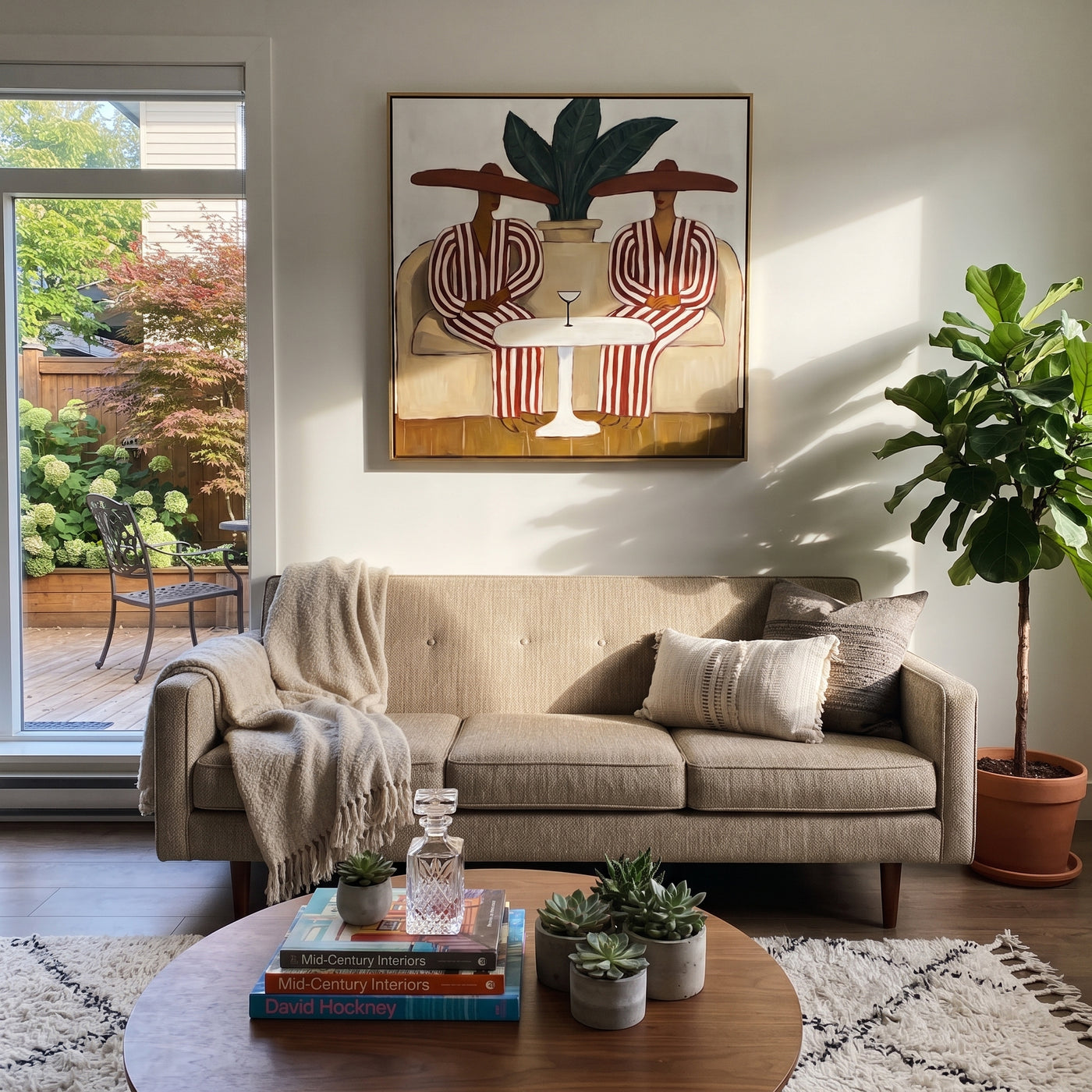 Red Stripes Wait Together - red striped lounge pair painting by Claire Whitmore, modern coastal square wall art – styled room scene view 2