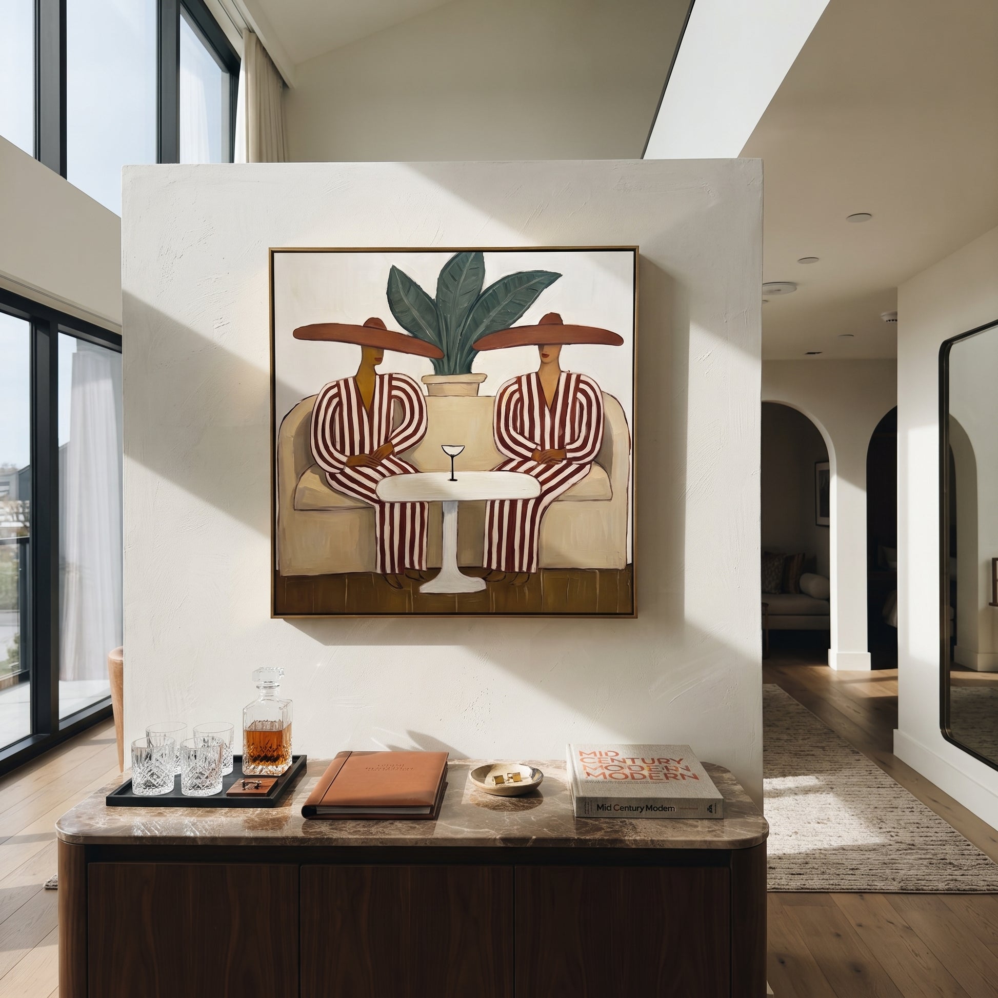 Red Stripes Wait Together - red striped lounge pair painting by Claire Whitmore, modern coastal square wall art – styled room scene view 4