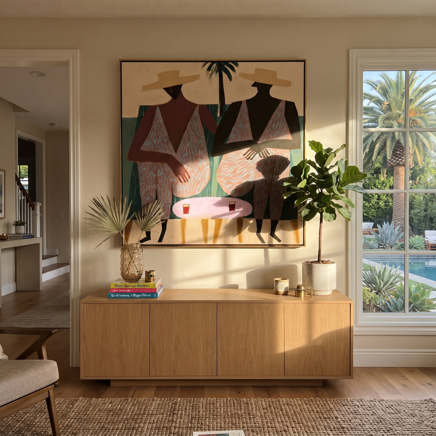 Pink Suits Face Palms - pink resort figure pair painting by Claire Whitmore, modern coastal square wall art – styled room scene view 1