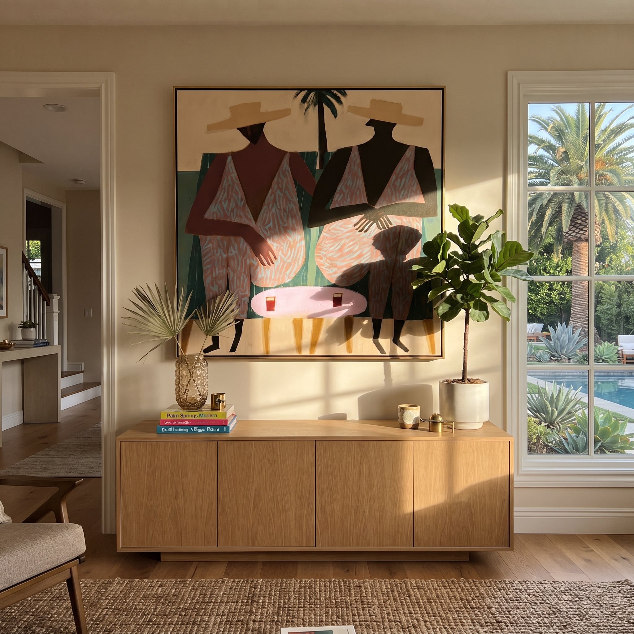Pink Suits Face Palms - pink resort figure pair painting by Claire Whitmore, modern coastal square wall art – styled room scene view 1