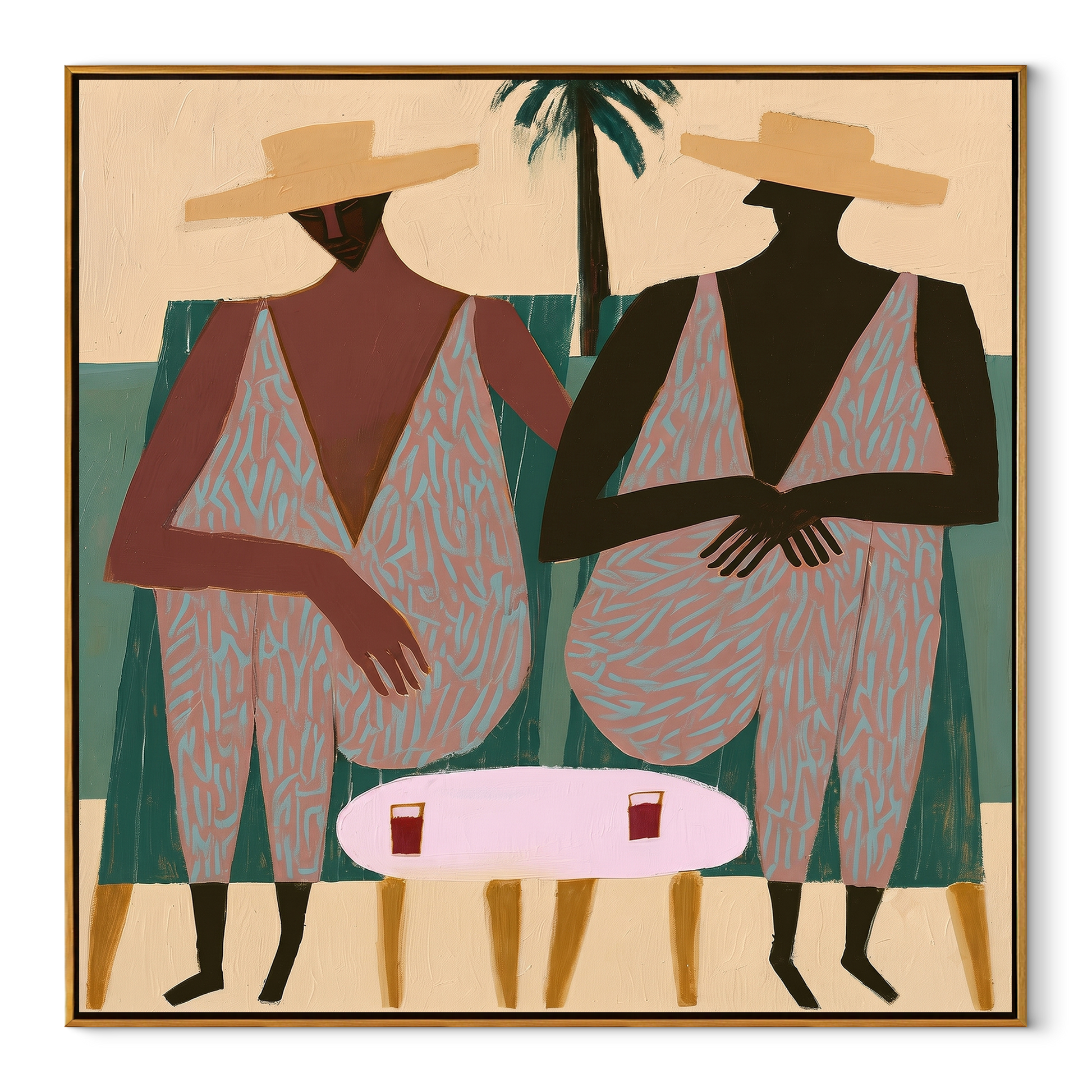 Pink Suits Face Palms - pink resort figure pair painting by Claire Whitmore, modern coastal square wall art – wood frame on white background