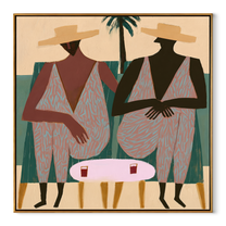 Pink Suits Face Palms - pink resort figure pair painting by Claire Whitmore, modern coastal square wall art – wood frame on white background