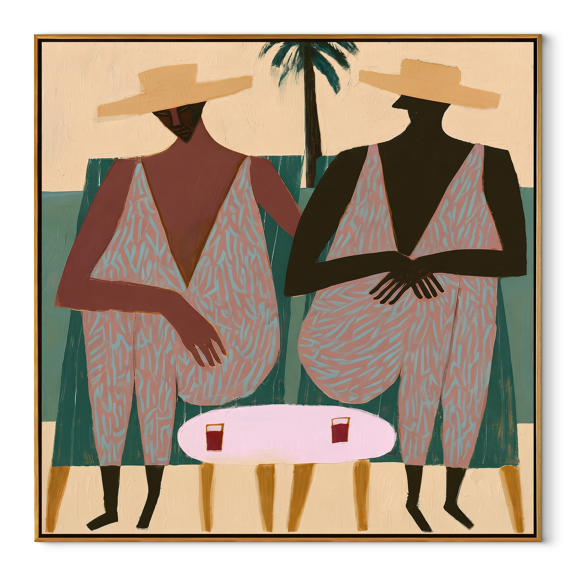 Pink Suits Face Palms - pink resort figure pair painting by Claire Whitmore, modern coastal square wall art – wood frame on white background