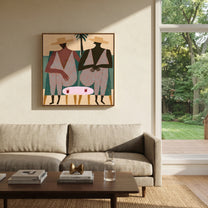 Pink Suits Face Palms - pink resort figure pair painting by Claire Whitmore, modern coastal square wall art – styled room scene view 2